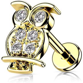 16GA 316L Stainless Steel CZ Crystal Paved Owl Internally Threaded Stud (Gold Tone)