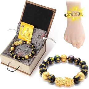 buiufish Feng Shui Bracelet 24K Gold Plated PiXiu Bracelet, Obsidian Dragon Protection Meditation Decompression Prayer Beads Lucky Wealth Bracelets for Men Women