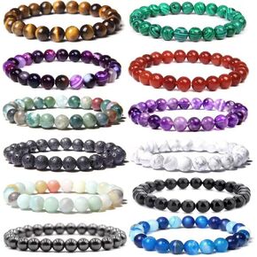 12 Pcs 8mm Gemstones Beaded Bracelets for Men Women Stone Bead Healing Stretch Round Bead Crystal Semi-Precious Bracelets Unisex