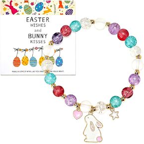 Easter Bracelets for Women，Cute Bunny Charm Stretch Bracelet，Waterproof Colorful Glass Beads&Soft Pottery Bracelets，Easter Basket Stuffers. Party Egg Pendant Fillers. Comes with A Gift Card.Easter Jewelry for Women.