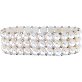 Solid 925 Sterling Silver Freshwater Cultured White Pearl 3 Row Stretch Bracelet (Width = 18mm)
