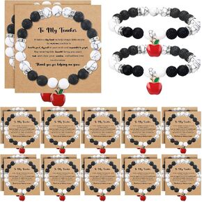 24 Sets Teacher Bracelets Appreciation Gifts with Cards Neutral Stone Bracelets Bulk Thank You Helping Me Grow Apple Elastic Beaded Jewelry for Teachers' Day Graduation Retirement Party