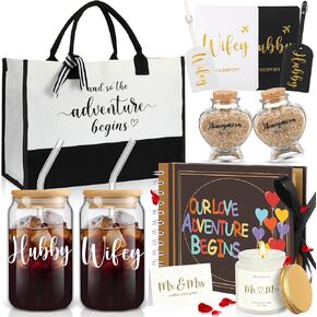 12 Pcs Wedding Honeymoon Gifts for Couple Mr Mrs Bridal Shower Engagement Gifts with Glass Adventure Book Scrapbook Passport Holder Baggage Tags Jar Tote Bag(Mr and Mrs)
