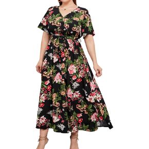 Abafip Women Plus Size Floral Maxi Dresses Wrap v Neck Boho Summer Dress Presty Gready Flowy Long Dress