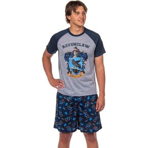 Harry Potter Hogwarts Castle Men's House Crest 2 Piece Raglan Pajama Short Set - Gryffindor Slytherin Ravenclaw Hufflepuff