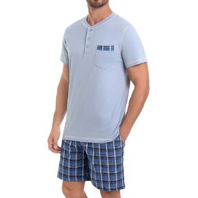 Sykooria للرجال Pajama مجموعات Cotton Loungewear PJS Shorts مجموعات 2 قطعة من الأكمام نوم مع جيوب