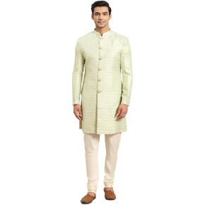 CREAM للرجال Jacquard Indowestern Sherwani Kurta & Pajama Set - Mandarin Collar | الزفاف الهندي وارتداء الأعياد
