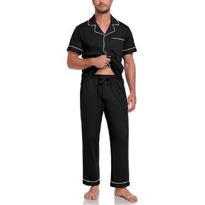 COLORFULLEAF 100% Cotton Mens Pajamas Set Short Sleeve Loungewear with Long Pants Button Down Sleepwear Soft Comfy Pjs
