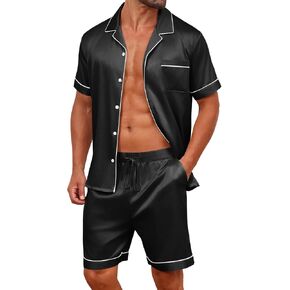 Vssjavun Mens Satin Silk Pajamas Sets Short Sleeve Button-Down Sleepwear Two Piece Loungewear with Pockets
