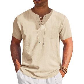 Runcati Mens Casual Henley Shirts Cotton Lace Up Short Sleeve Summer Beach Hippie V Neck Top Renaissance Pirate Shirt