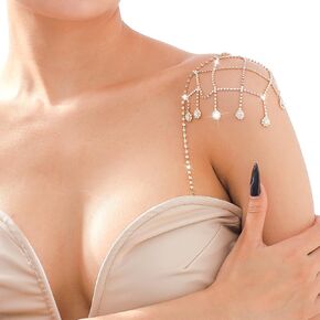 FINGERINSPIRE 2PCS Golden Rhinestone Shoulder Bra Body Chain - Triangle Tassels Wedding Arm Chain for Summer Beach Bikini Bride Decor