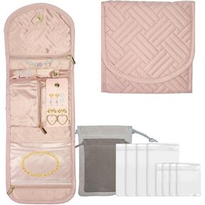 Travel Jewelry Organizer, Jewelry Pouch, Case Foldable Jewelry Roll for Journey, Travel Packing Accessories (Pink)