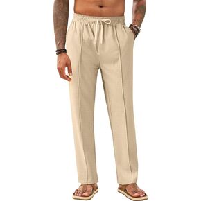 Makkrom Mens Casual Pants Elastic Waist Drawstring Lightweight Summer Loose Beach Straight Leg Pants with Pockets