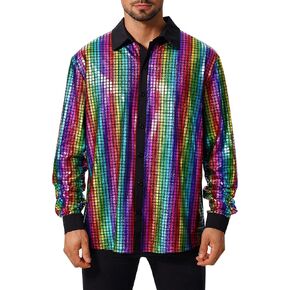 Mens Glitter Metallic Long Sleeve Button Down Shirt Sparkle Top for 70s 80s 90s Hippie Retro Disco Party Shirts