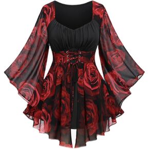 Rosegal Women Plus Size Romantic Gothic Lace-up Bell Sleeves Tee Flare Sleeves Renaissance Top Goth Costume Top in Saudi Arabia