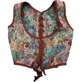 Floral Renaissance Corset Top with Brown Leather Lacing, Vintage Tapestry Print, Multi-Color