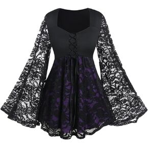 Rose Gal Women Plus Size Lace-Up Gothic Tee Witch Halloween Costume Bell Sleeves T-Shirts T-Shirt