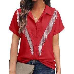 Mymore Western Western Cowgirl Rhinestone Fringe Button Down Drofled Drolded Served Sleeve Shirt Country Riseft