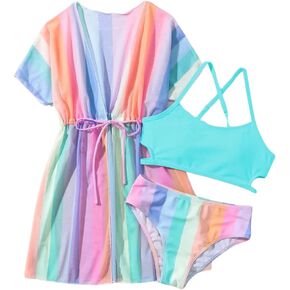 Girls Bikini Set 3 Piece - Striped Multicolored Swimsuit with Quick Dry Cover Up - Bathing Suit for Kids 6-14 Years