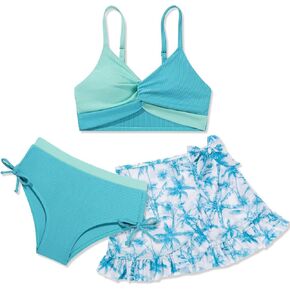 ESHOO Girls Swimsuit V Neck Twist Cross Swimwear + Floral Cover Up Skirt 3Pcs Bathing Suits Teens Bikini Sets 9-16 Years