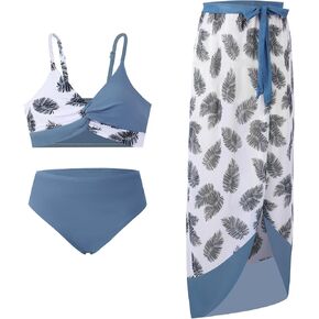 Teen Girls Swimsuit 3 Pieces Bikini Set Bathing Suit Twist Cross Tropical Floral Kids Swimwear with Cover Up 9-16T