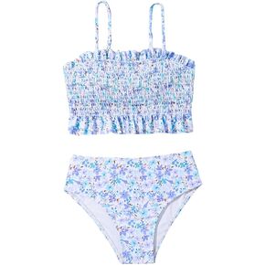 MakeMeChic Girl's Floral Bikini Set Ruffle Hem Backless Smocked Bathing Suit Beachwear