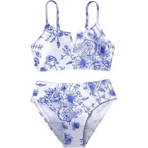 Floerns Girl's 2 Piece Swimsuits Floral Print Notched V Neck Vacation Bathing Suit