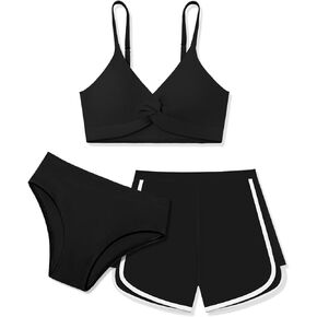 Girls Swimsuits with Shorts Twist Cross Bikini Set Teen Girls Swimming Bathing Suit with Adjustable Shoulder Straps