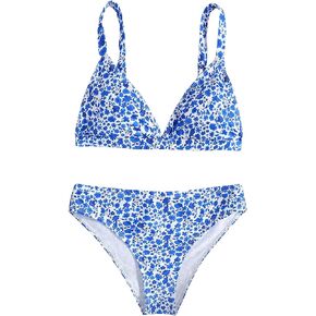 OYOANGLE Girl's 2 Piece Floral Print Beach Swimsuit V Neck Spaghetti Strap Triangle Low Waist Bathing Suit