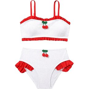 MakeMeChic Girl's Cherry Bikini Set Colorblock Ruffle Trim Cute Swimsuits 2 Piece Bathing Suit