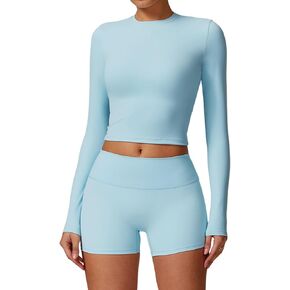 Womens Workout Sets Two Piece Long Sleeve Top Matching High Waist Shorts Sets Fall Winter Gym Work Out Clothes
