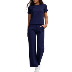 Women's 2 Piece Activewear Set with Slim O Neck Short Sleeve Tops & Elastic Waist Pocket Straight Leg Pants