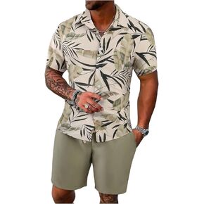 Verdusa Men's 2 Piece Tropical Outfits Button Down Collared Shirts and Track Shorts with Pockets