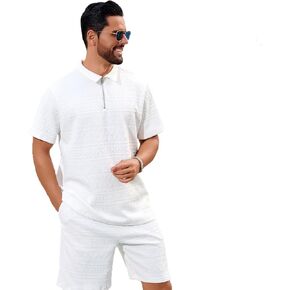 Men's White Textured Polo Shirt and Shorts Set, Quarter-Zip Collar, Casual Summer 2-Piece Outfit