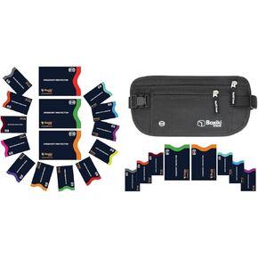 Boxiki Travel RFID Protection Bundle: Sleeves Set with Color Coding and Black Money Belt with RFID Sleeves