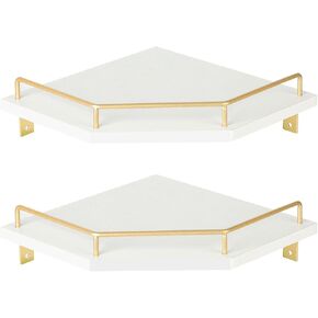 Tirzah White Wall Mount Corner Shelf مع الدرابزين المعدني الذهبي ، و 2 من مستويين 9.5 بوصة على شكل ماس على شكل ماس أرفف عائم لمنظم مطبخ ديكور المنزل