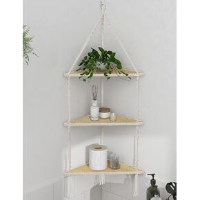 رفوف الزاوية Macrame 3 Tier ، Boho المصنوعة يدويًا حبلًا أبيضًا بيضاء بيج معلقة