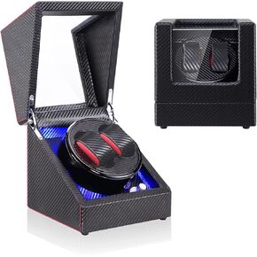 Luxury Wooden Black Carbon Fiber Watch Winder Box Motor for Watch Winder Automatic Box Blue LED Lights for 2 Watches