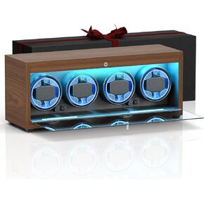 شاهد Watch Winder ، 4 فتحات أوتوماتيكية لفة الساعات مع الإضاءة الخلفية الأزرق الأزرق ووسادة رغوة الذاكرة ، تقنية الغطاء المفتوحة ، 4 أوضاع (محول غير متضمن)