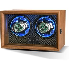 Double Watch Winder, Black Walnut Finish Watch Winders for Automatic Watches with 4 Rotation Modes,Rotating Watch Box for Rolex with Blue Light,Elastic Pillows,Gift for Watch Lovers