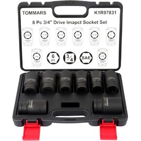 TOMMARS 6 Point Axle Nut Socket Set, 8-PC 3/4 Inch Drive Deep Impact Socket Set, CR-MO, 1", 1-1/16", 1-1/8", 1-1/4", 1-5/16", 1-3/8", 1-7/16", 1-1/2" SAE Socket Set.