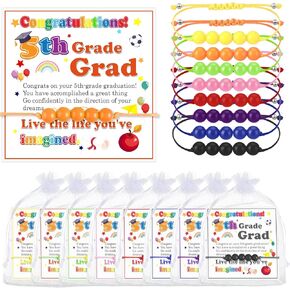 Rtteri 24 Set 5th Grade Graduation Gift Friendship Bracelet End of Year Student Gifts Adjustable Rainbow 2025 Beaded Bracelet with Inspirational Card for Elementary 5th Graduation Exchange Girls Boys