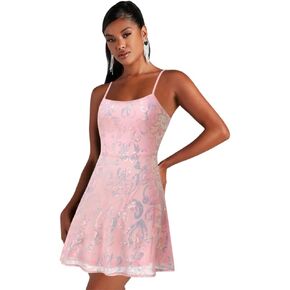 ODIZLI Women's Spaghetti Straps Sparkly Sequins A Line Swing Party Nightclub Dance Mini Dress Above Knee Length