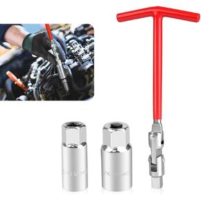 Ajxn 3 PCS Car Spark Plug Socket Wrench, 5/8"/16mm 13/16"/21mm T-shaped Anti-slip Handle Carbon Steel Universal Joint Tire Socket Hexagonal Socket Wrench, Suitable for Cars, SUVs (Red & Silver)