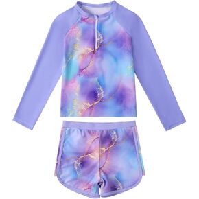 Valcatch Girls Long Sleeve Swimsuit UPF 50+ Rash Guard Set Zip-Up Swim Shirt Tankini Shorts Two Piece Tropical Swimwear 5-12T