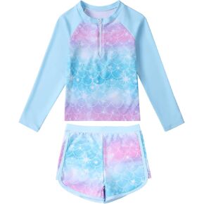 Girls Long Sleeve Swimsuit Rash Guard Set Bathing Suit Two Piece Swim Suit UPF 50+ Summer Swimwear for Kids