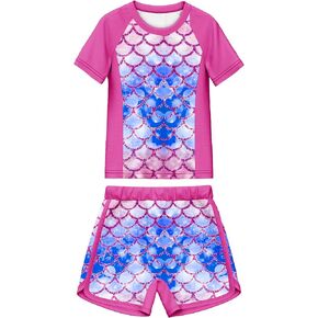 LQSZ Girls Swimsuits Two Pieces Short Sleeve Rash Guard Girls Toddler Bathing Suit Suitable for 3-12 Years