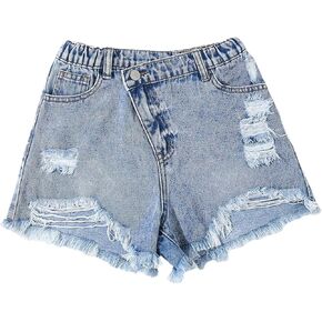 Floerns Girl's Asymmetrical Waist Distressed Denim Shorts Stretch Raw Hem Jean Shorts