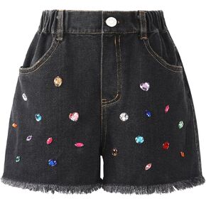 WELAKEN Girl Jean Shorts Rhinestone Ripped Raw Trim Straight Leg High Waist Denim Shorts