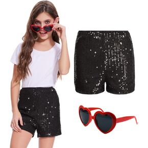 Girls Sequin Shorts and Heart Sunglasses High Waisted Elastic Short Pants for Party Music Festival Concert